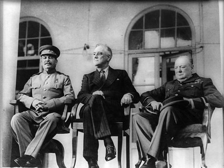 This is Stalin, FDR, and Churchill at the Teheran Conference in 1943.