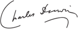 "Charles Darwin", with the surname underlined by a downward curve that mimics the curve of the initial "C"