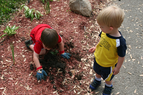 Jack and Owen gardening