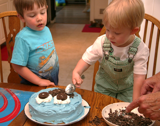 Owen completes Cookie Monster's mouth...just in time for their Daddy going home.