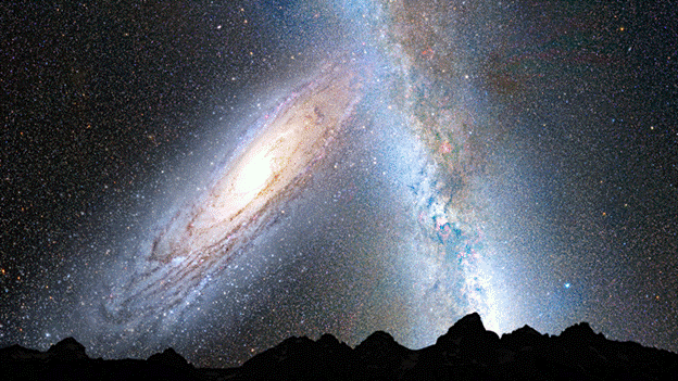 illustration of how Andromeda and the Milky Way might look in Earth's night sky in 3.75 billion years