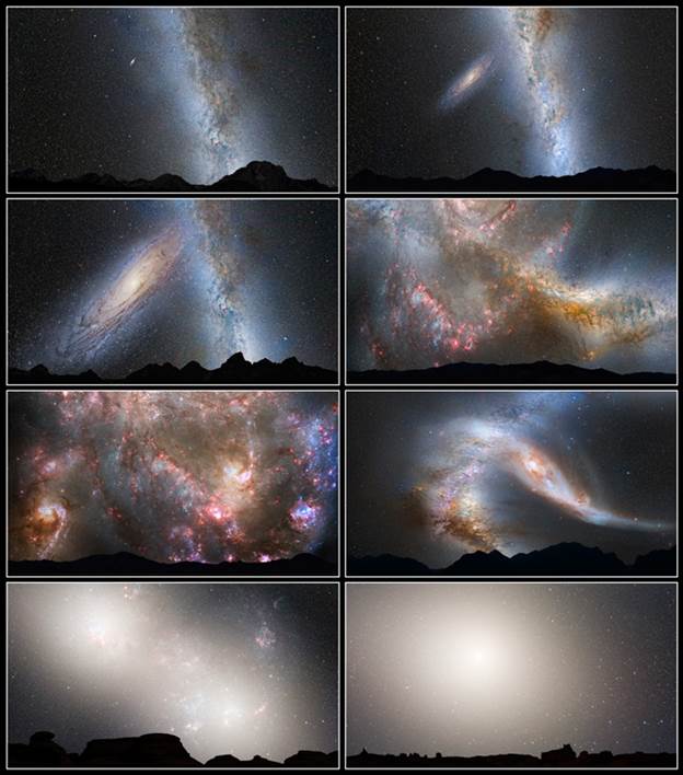 illustration sequence depicting the collision of the Milky Way (right) and Andromeda galaxies