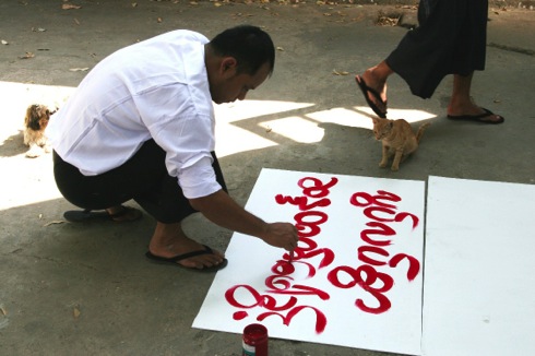 Protester making sign