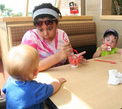  Owen wants some topping, which he can't have.  Ayanna explains the rules that he is too young while Jack devours the last large piece of topping.