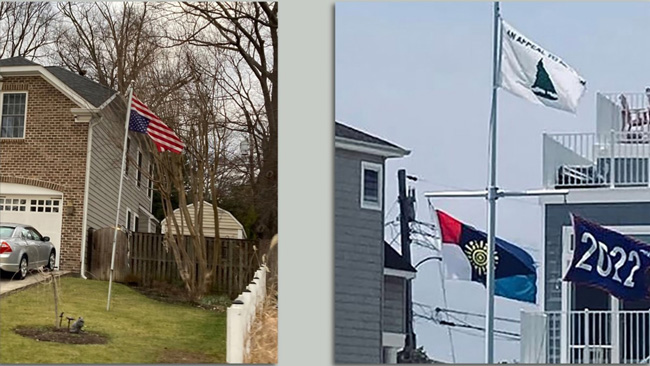 The upside-down American flag at their home and the “Appeal to Heaven” at their beach home